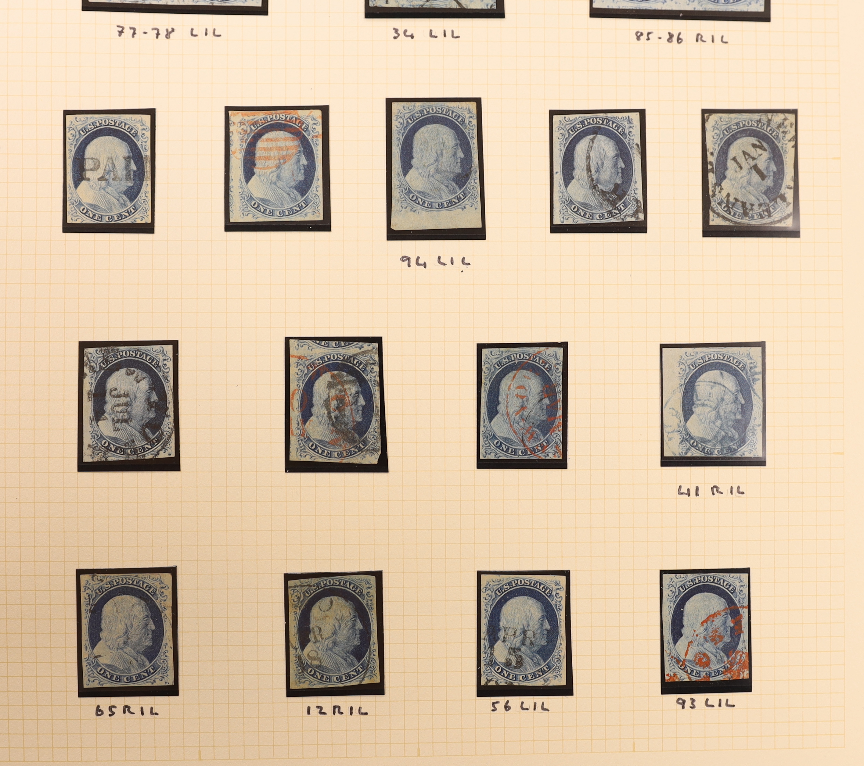 A collection of early United States of America stamps in a Philatelic album including 1845 New York Provisional 5c., 1847-50 5c. (4, one on cover, one single with blue “10” cancel and with RPS Certificate 1956) and 10c.